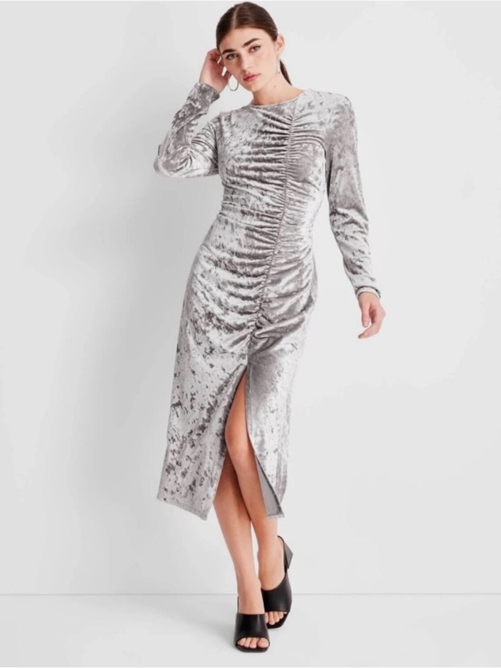 NWT Future Collective Silver Velvet Ruched Long-Sleeve Midi Dress sz. 3x